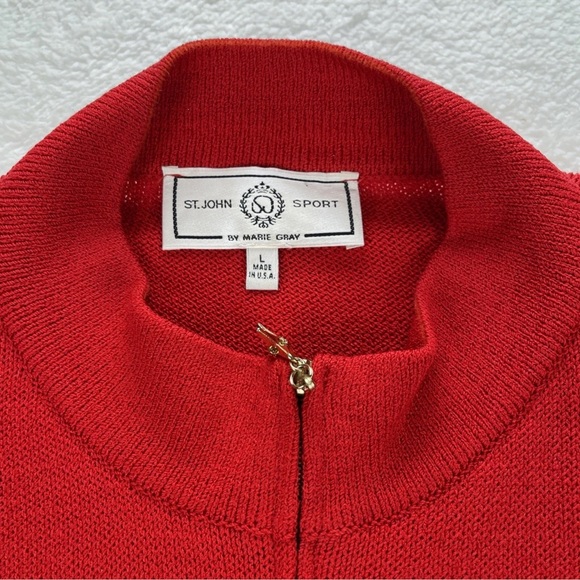 St. John Sport Sz L Cardigan Sweater Full Zip Striped Star Red White Blue Luxury - Picture 3 of 13